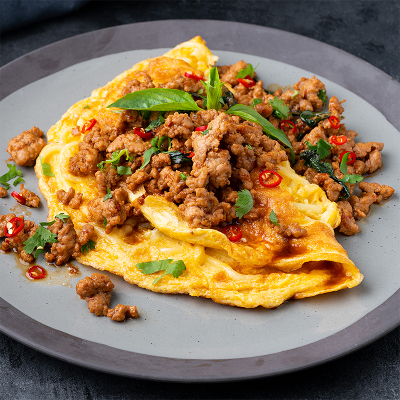 10-minute Spicy Pork & Noodle Omelette