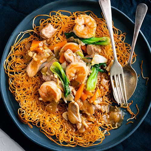 Hong Kong Crispy Noodles with Pork & Prawn